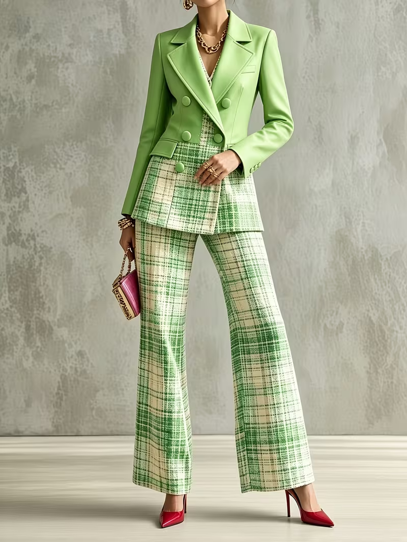 Green plaid pantsuit front full-length view
