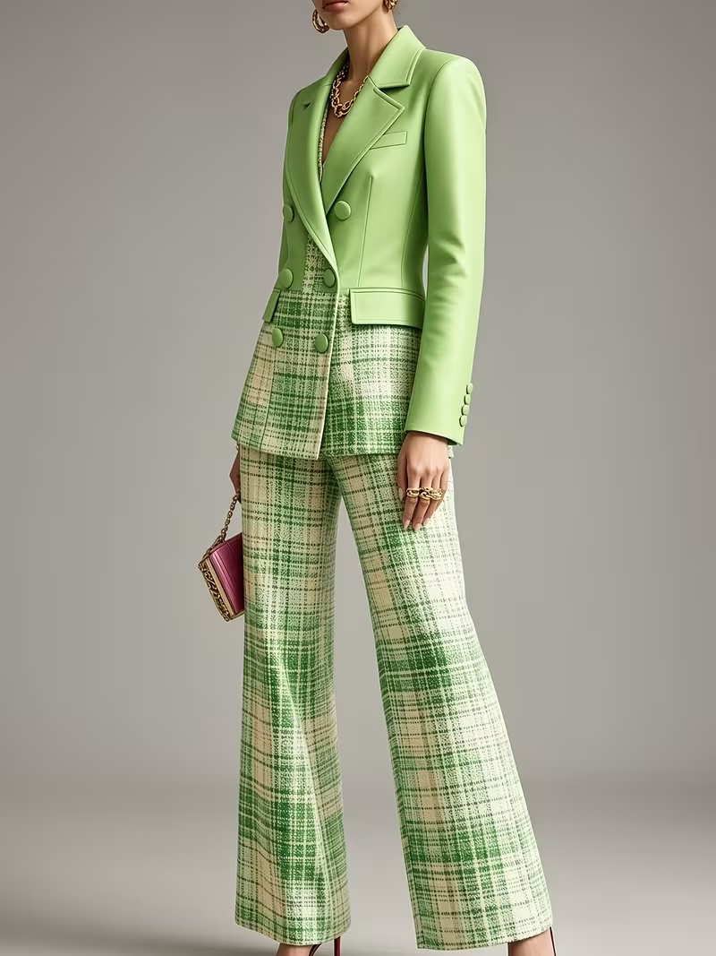 Green plaid pantsuit side full-length view