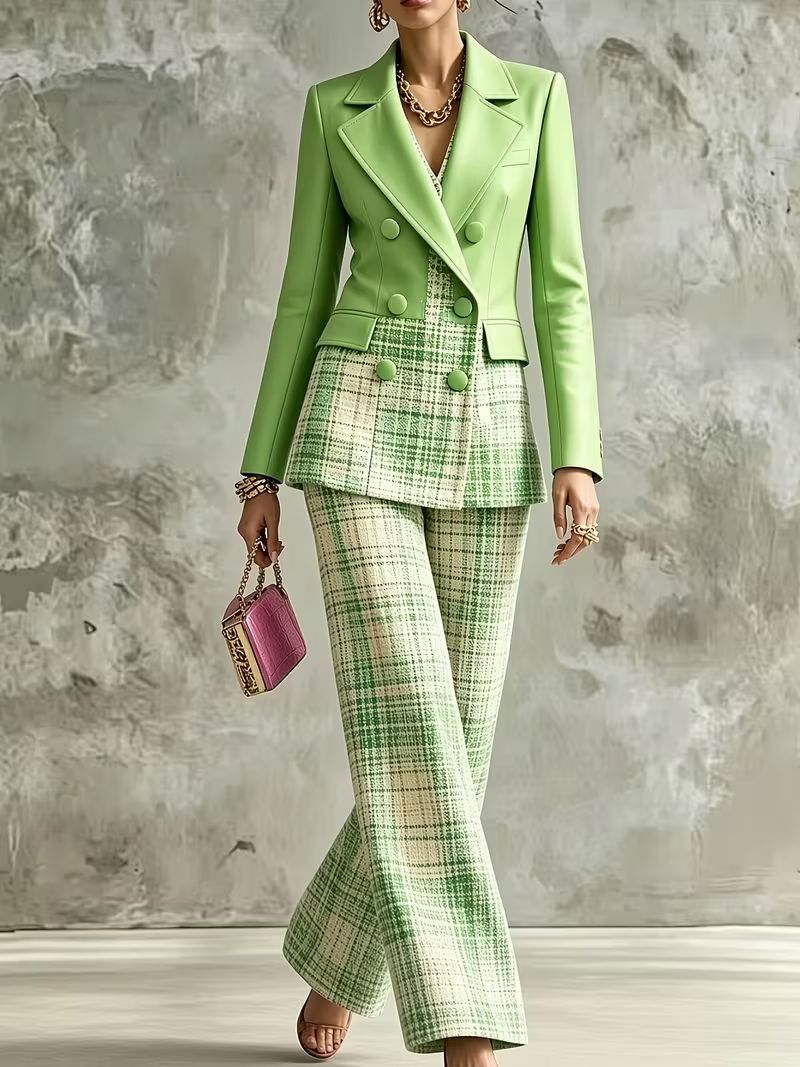 SCACTO green plaid two-piece blazer and wide-leg pants set