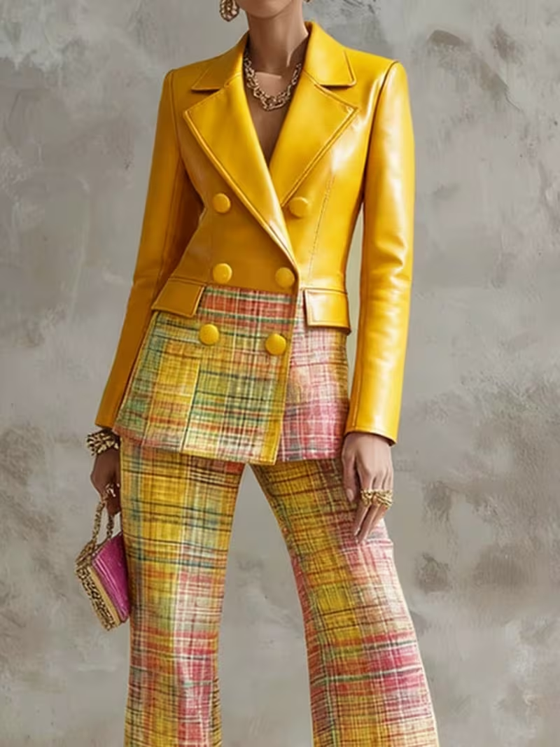 SCACTO yellow plaid two-piece blazer and wide-leg pants set