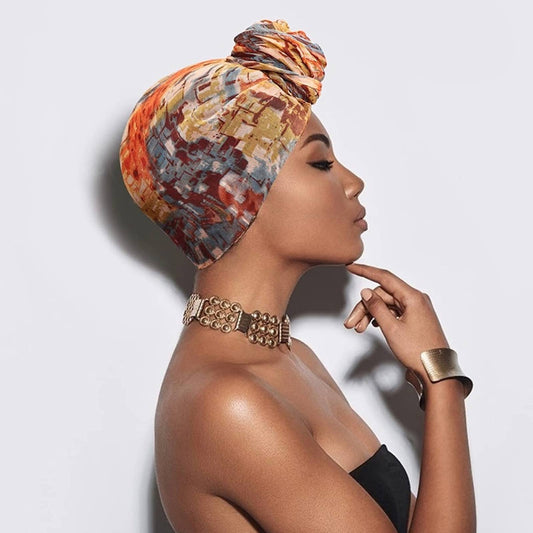 Orange Flower Print Turban Head Wraps - Passion of Essence Boutique