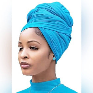Deep Sky Blue Stretch Turban African Head wraps Scarf Soft Hijab for Locs Braids