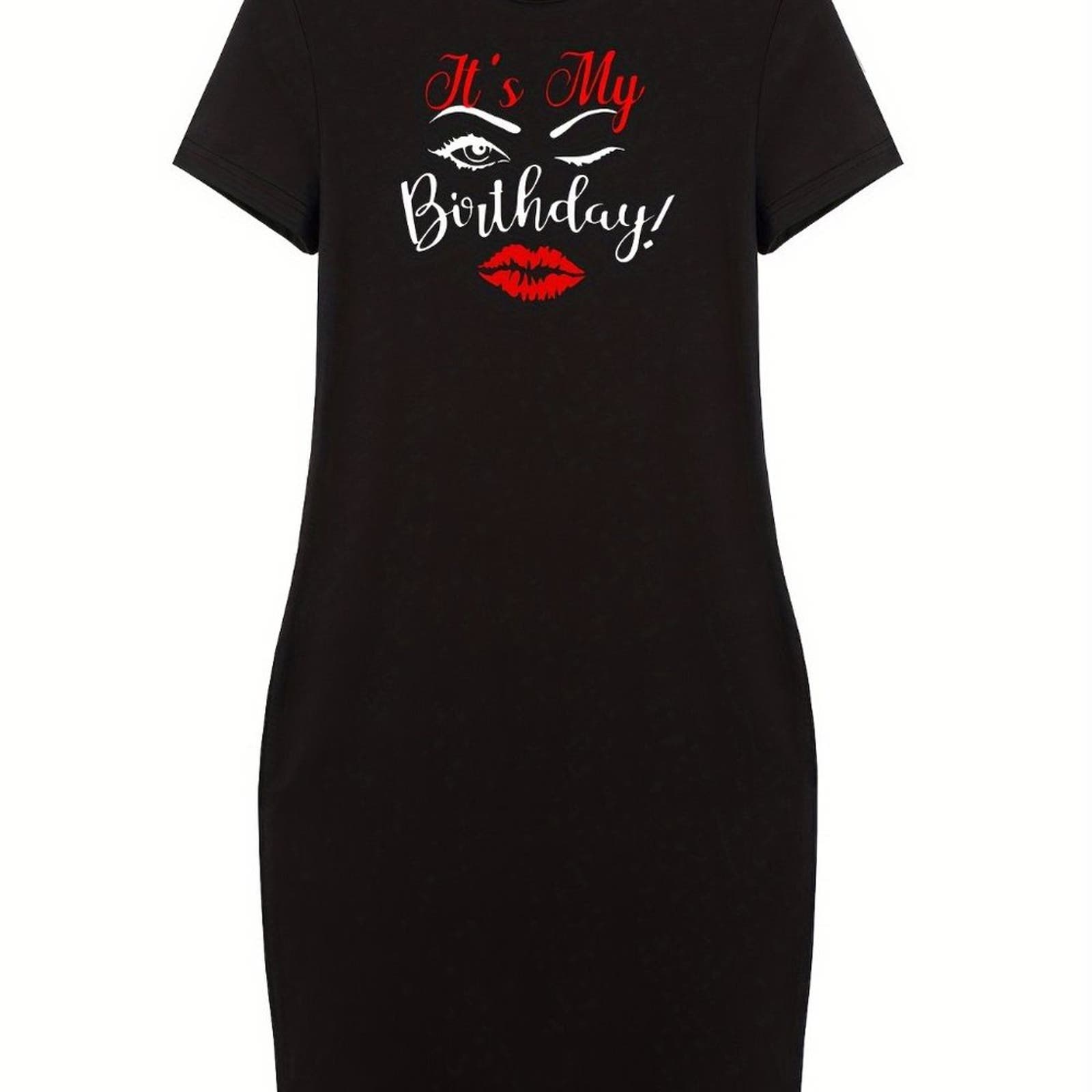 Birthday T-shirt Dress, Casual Crew Neck Short Sleeve Dress Birthday T-shirt Dress, Casual Crew Neck Short Sleeve Dress