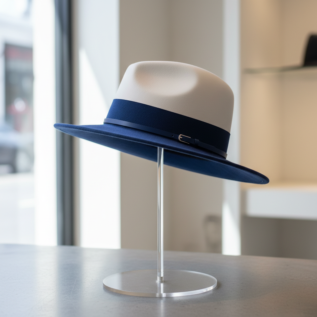 White and Blue Fedora - Side Angle Detail