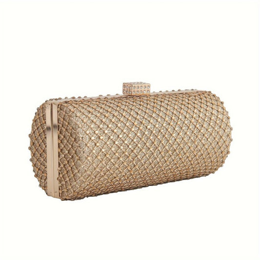 Gold woven clutch bag on a white background