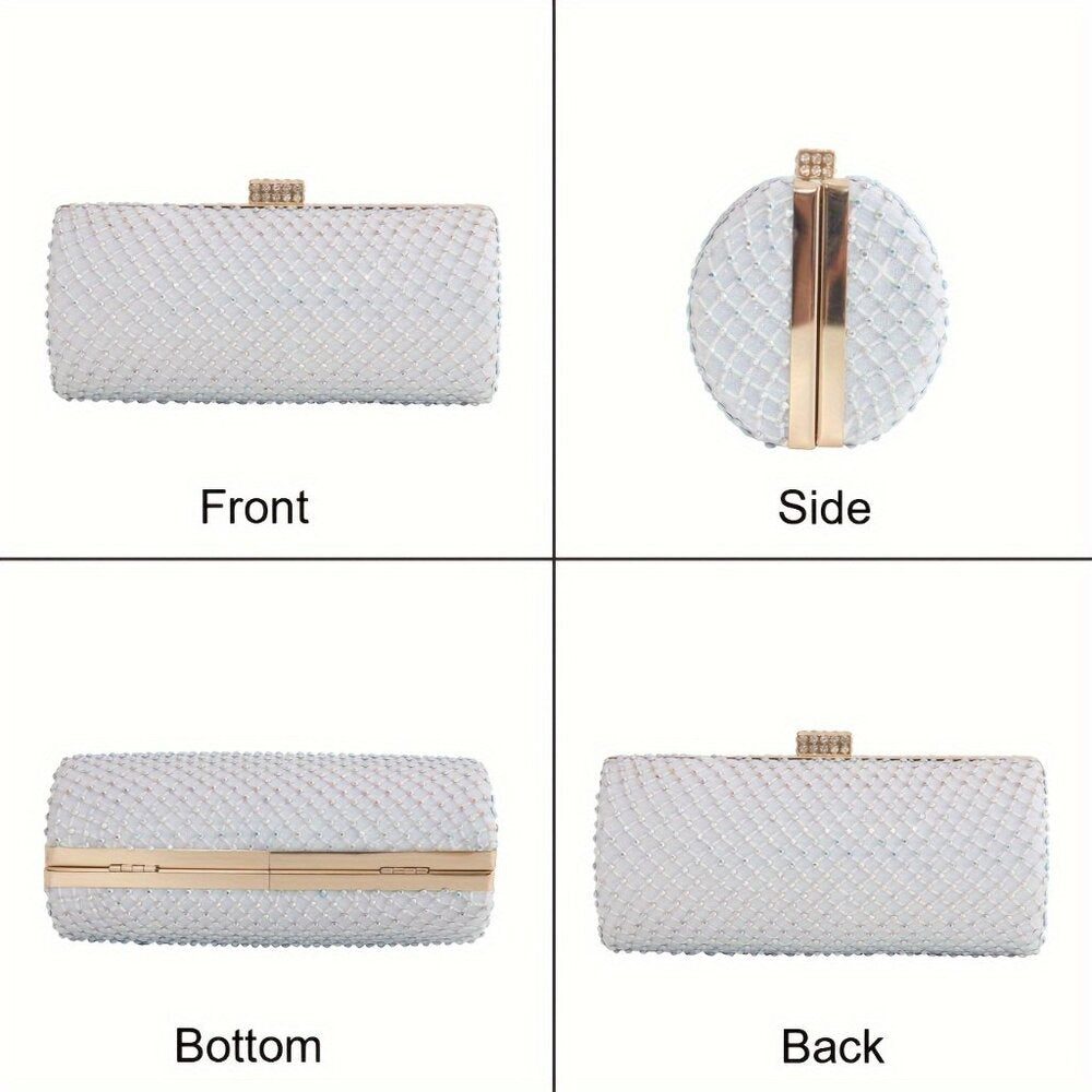 White clutch bag with gold accents shown from front, side, bottom, and back views.