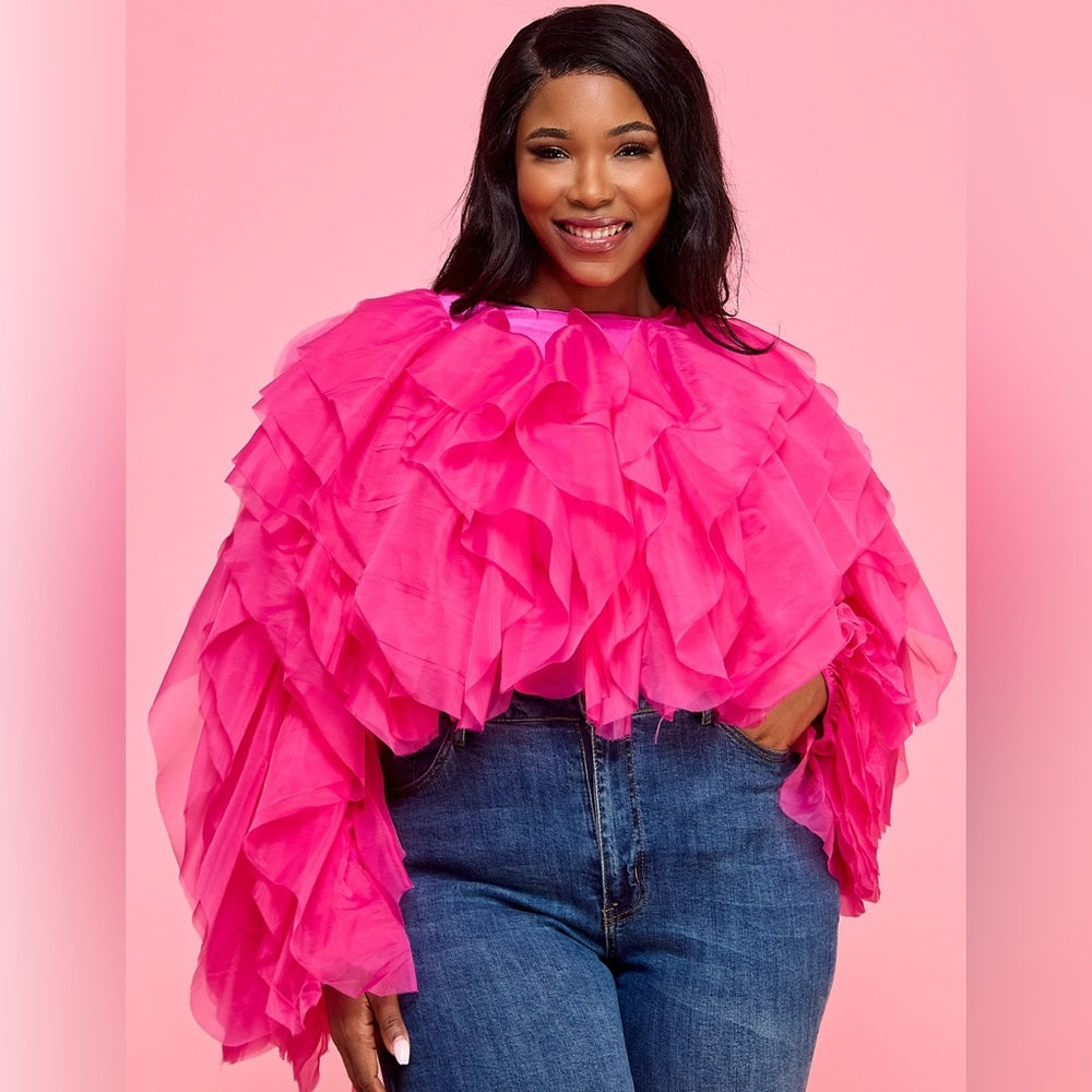 Plus Size Pink Ruffle Tulle Crop Top Blouse | Passion of Essence