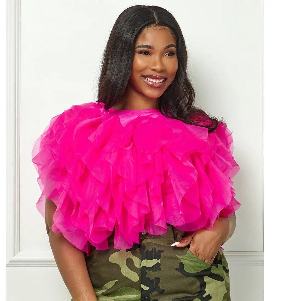 Plus Size Pink Ruffle Tulle Crop Top Blouse | Passion of Essence
