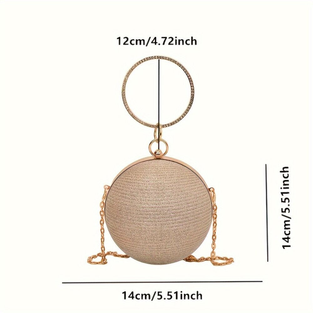 Beige handbag with chain strap and circular design, shown with measurements on a white background.