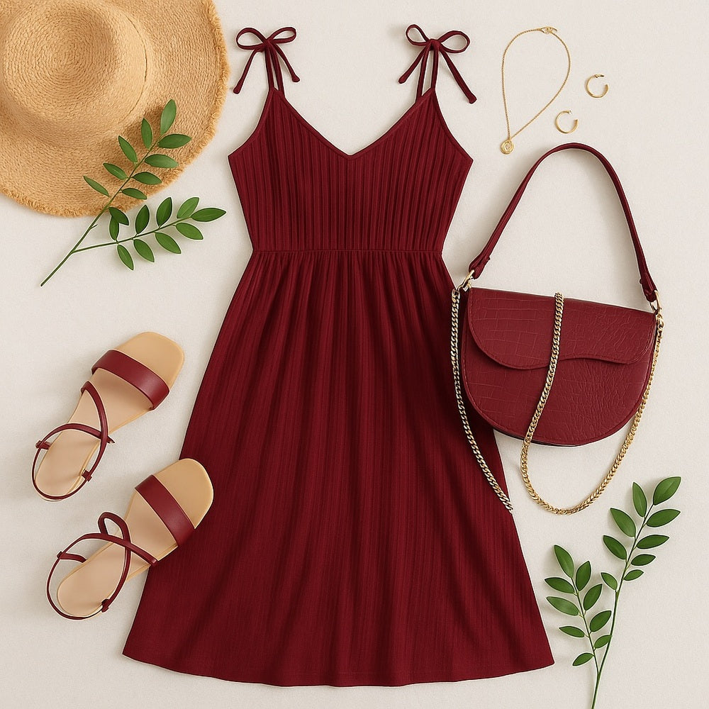 Red dress with matching accessories including sandals, a handbag, and jewelry on a light background.