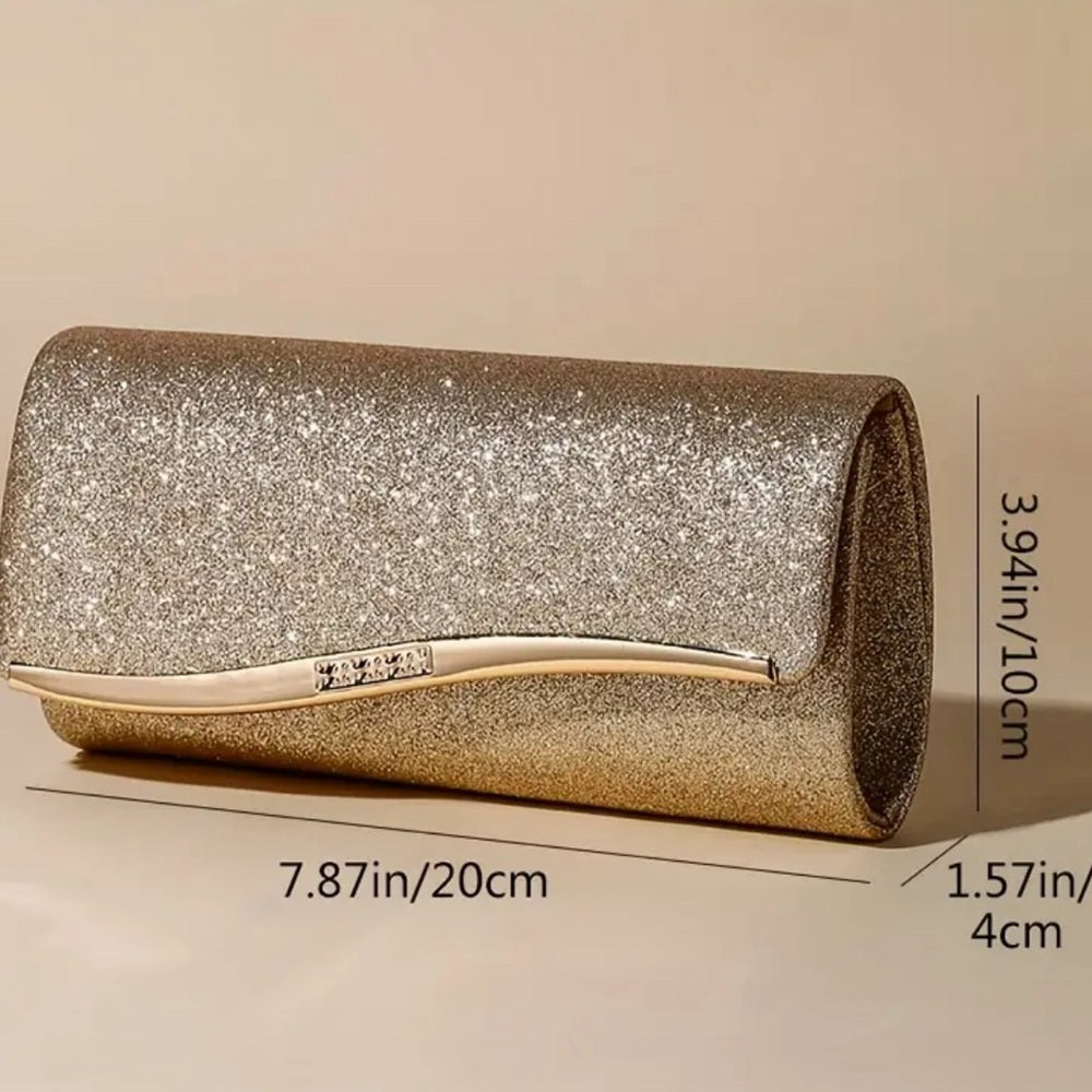 Glittery clutch bag with measurements on a beige background