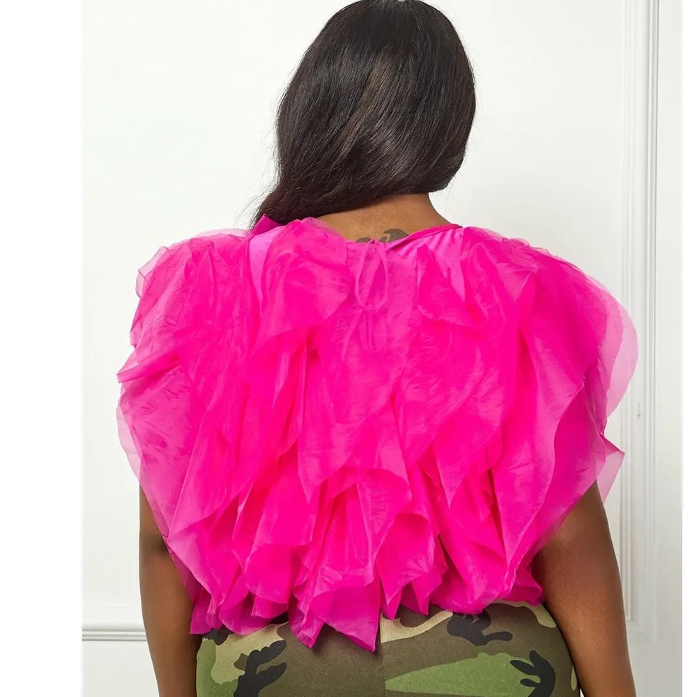Plus Size Pink Ruffle Tulle Crop Top Blouse