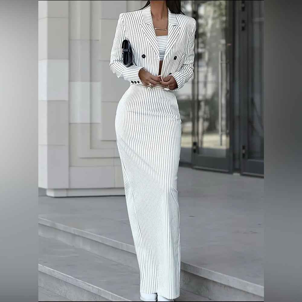 Elegant White Striped Skirt Set