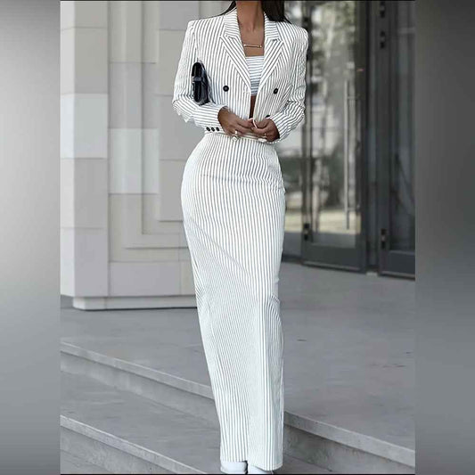 Elegant White Striped Skirt Set