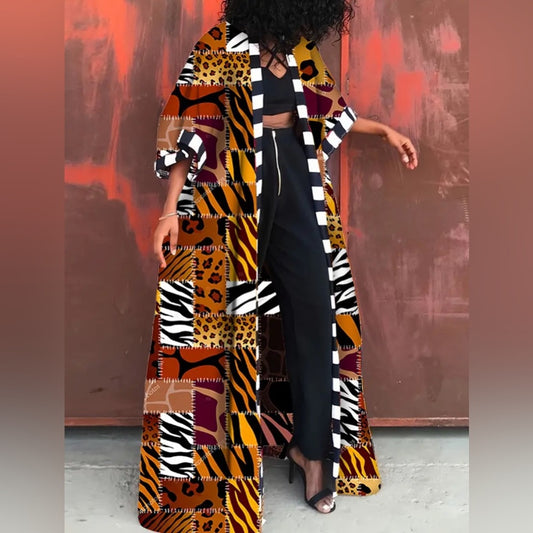 Tribal Print Open Front Long Sleeve Top - Mandarin Neck, Non-Stretch Polyester