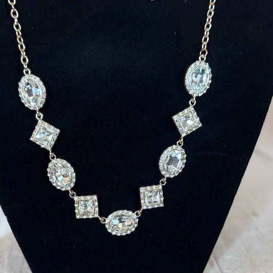 Crystal Halo Statement Necklace Set — Gold-Tone with Matching Drop Earrings