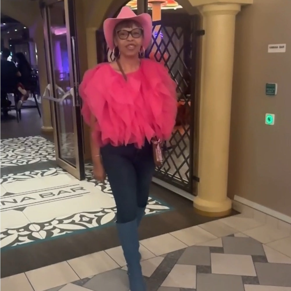 Plus Size Pink Ruffle Tulle Crop Top Blouse