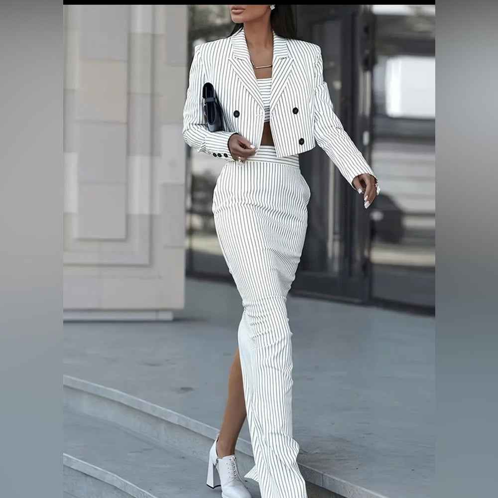 Elegant White Striped Skirt Set