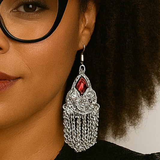 Red Gem Chandelier Earrings – Silver Filigree with Chain Fringe