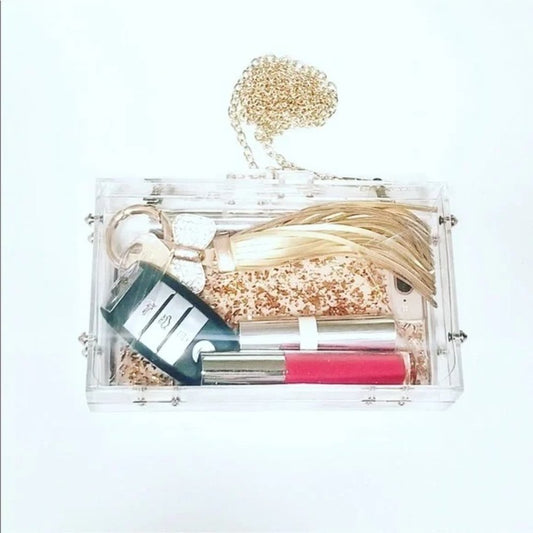 Clear clutch with makeup items including lip gloss and a brush on a white background