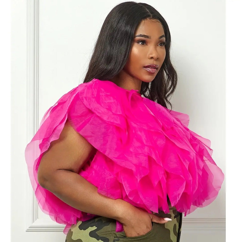 Plus Size Pink Ruffle Tulle Crop Top Blouse | Passion of Essence