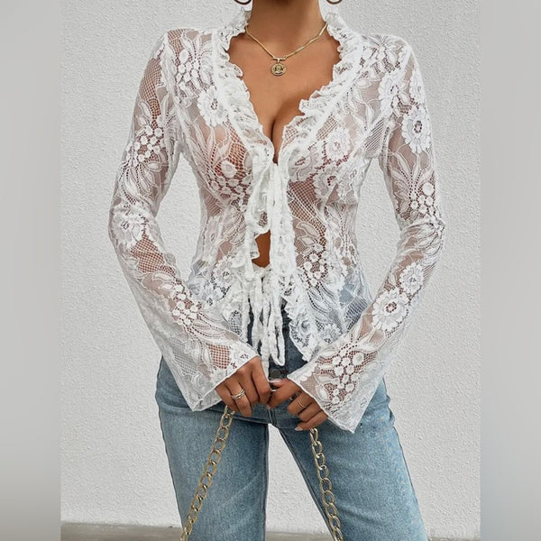 Passion Sexy Low Cut Long Sleeve Lace Solid Color Blouse