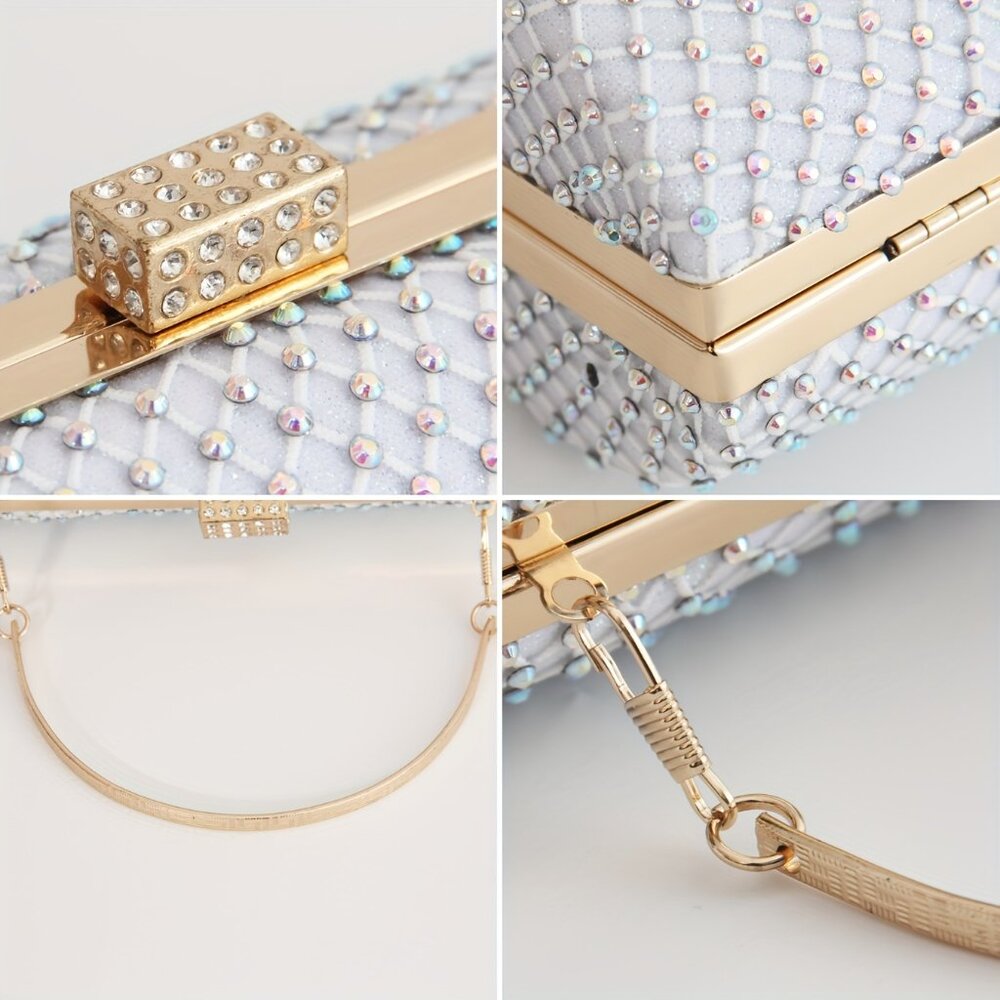Close-up details of a beaded handbag with gold accents on a light background