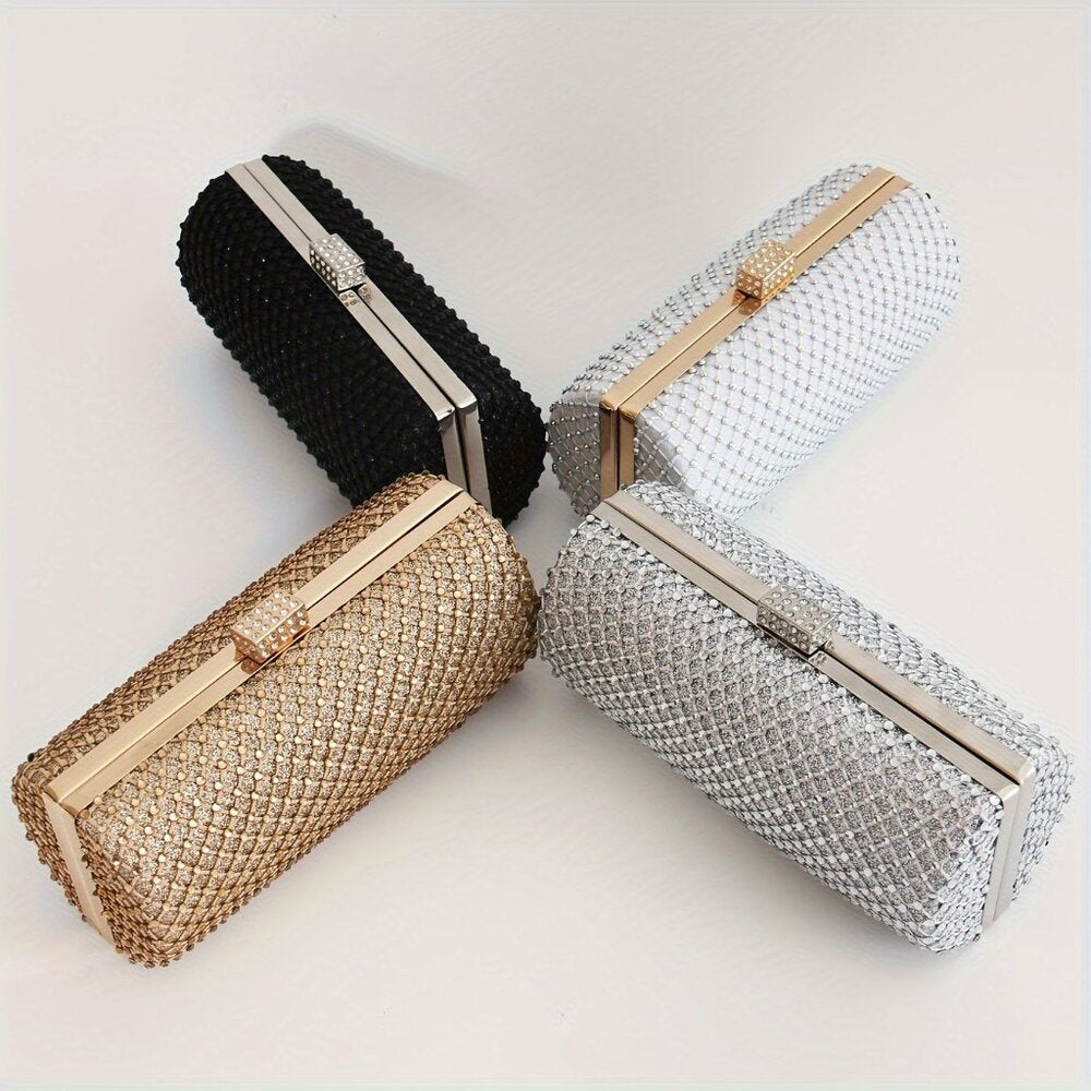 Four glittery handbags in black, gold, silver, and bronze on a light background