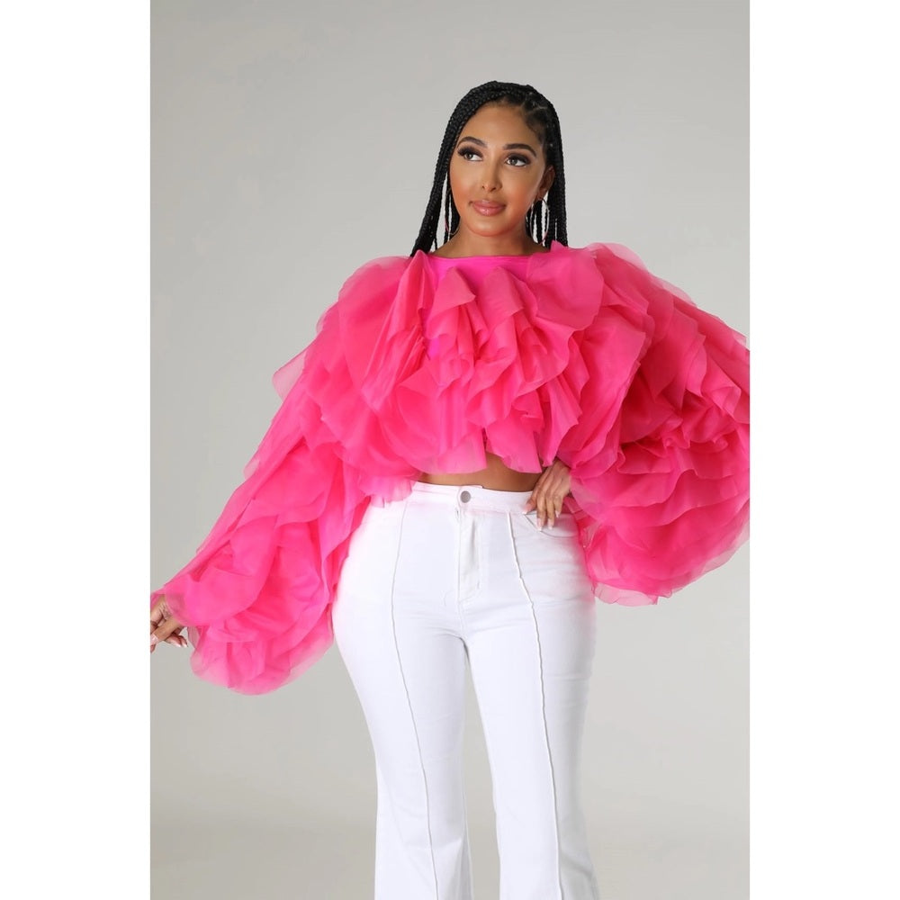Plus Size Pink Ruffle Tulle Crop Top Blouse