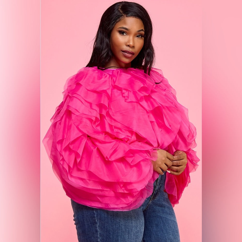 Plus Size Pink Ruffle Tulle Crop Top Blouse