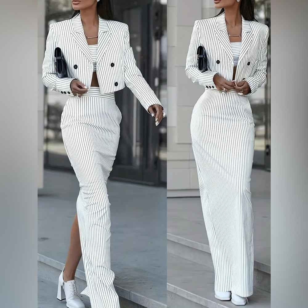 Elegant White Striped Skirt Set