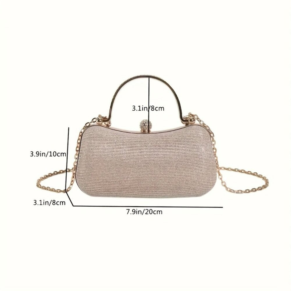 Beige handbag with chain detail and measurements on a white background