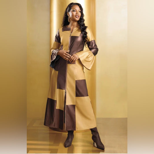 Woman wearing a long, patterned dress against a yellow background