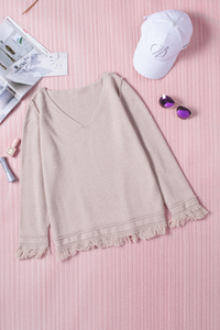 Solid Color V Neck Tasseled Sweater - Passion of Essence Boutique