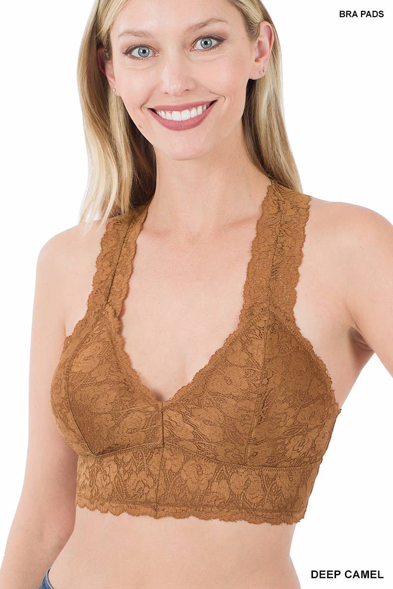DEEP CAMEL STRETCH LACE HOURGLASS BACK WITH FULL MESH LINING BRALETTE. REMOVABLE BRA PADS - Passion of Essence Boutique