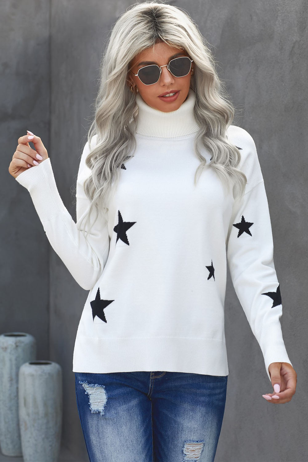 Turtleneck Dropped Sleeve Star Print Sweater - Passion of Essence Boutique