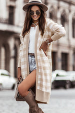 Load image into Gallery viewer, Khaki Open Front Plaid Long Cardigan - Passion of Essence Boutique
