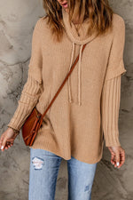 Load image into Gallery viewer, Khaki Cowl Neck Drawstring Patchwork Sleeve Sweater - Passion of Essence Boutique
