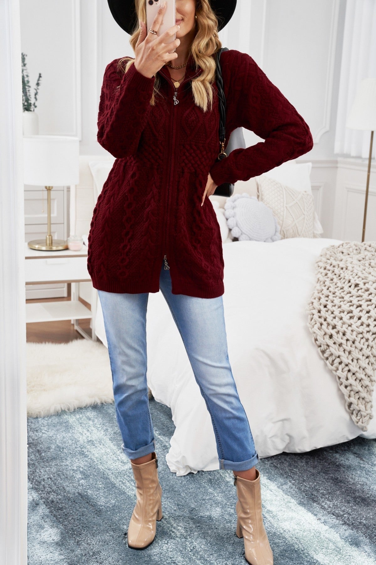 Zip-Up Open Front Knitted Sweater - Passion of Essence Boutique