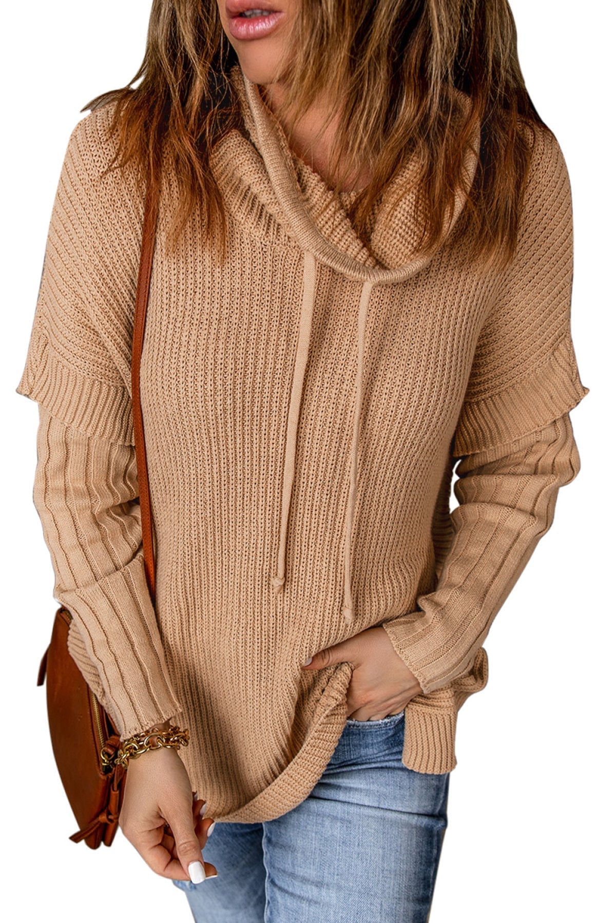 Khaki Cowl Neck Drawstring Patchwork Sleeve Sweater - Passion of Essence Boutique