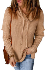 Load image into Gallery viewer, Khaki Cowl Neck Drawstring Patchwork Sleeve Sweater - Passion of Essence Boutique
