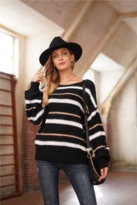 Loose-Fitting Round Neck Lantern Sleeve Striped Sweater - Passion of Essence Boutique