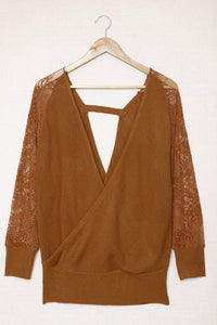 Sexy V Neck Surplice Hollow-Out Sweater With Lace Sleeves - Passion of Essence Boutique