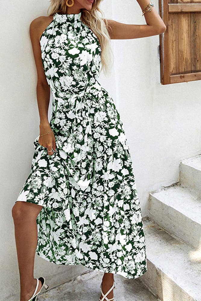 Boho Halter Floral Print Sleeveless Long Split Dress - Passion of Essence Boutique