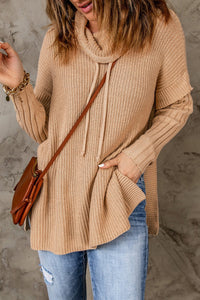 Khaki Cowl Neck Drawstring Patchwork Sleeve Sweater - Passion of Essence Boutique