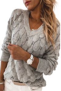 Gray Feather Hollowed-Out V-Neck Long Sleeve Knitted Sweater - Passion of Essence Boutique