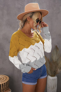 Color Block Knitted Cut Out Pullover Sweater - Passion of Essence Boutique