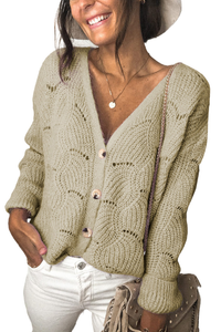 Khaki V Shaped Neckline Buttoned Knit Sweater - Passion of Essence Boutique