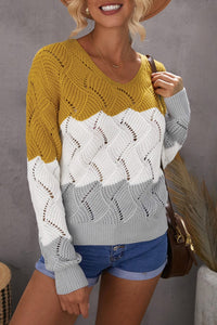 Color Block Knitted Cut Out Pullover Sweater - Passion of Essence Boutique