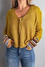 Load image into Gallery viewer, Yellow Lace Up V Neck Knit Sweater - Passion of Essence Boutique
